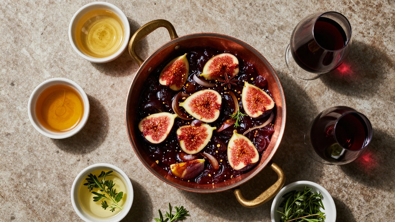Overhead view of simmering fig chutney in a copper pot with vinegar ingredients