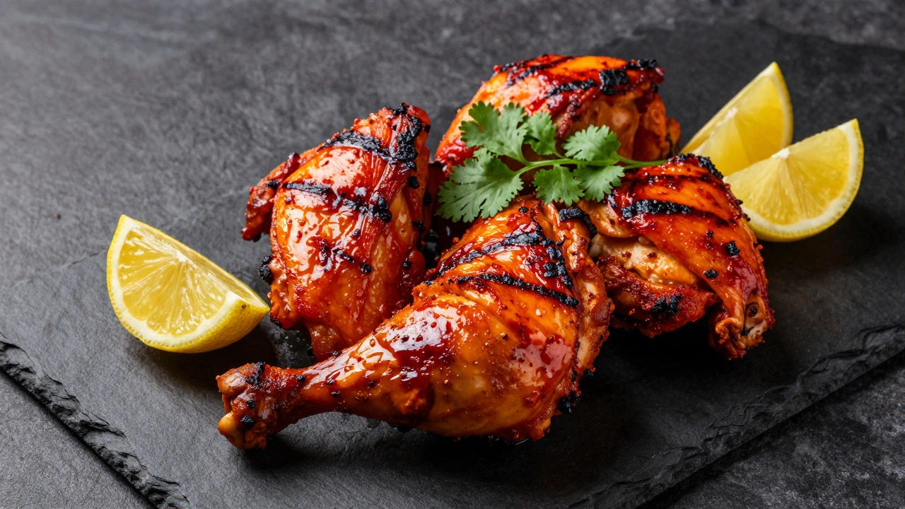 Plated juicy tandoori chicken with char marks and fresh garnishes