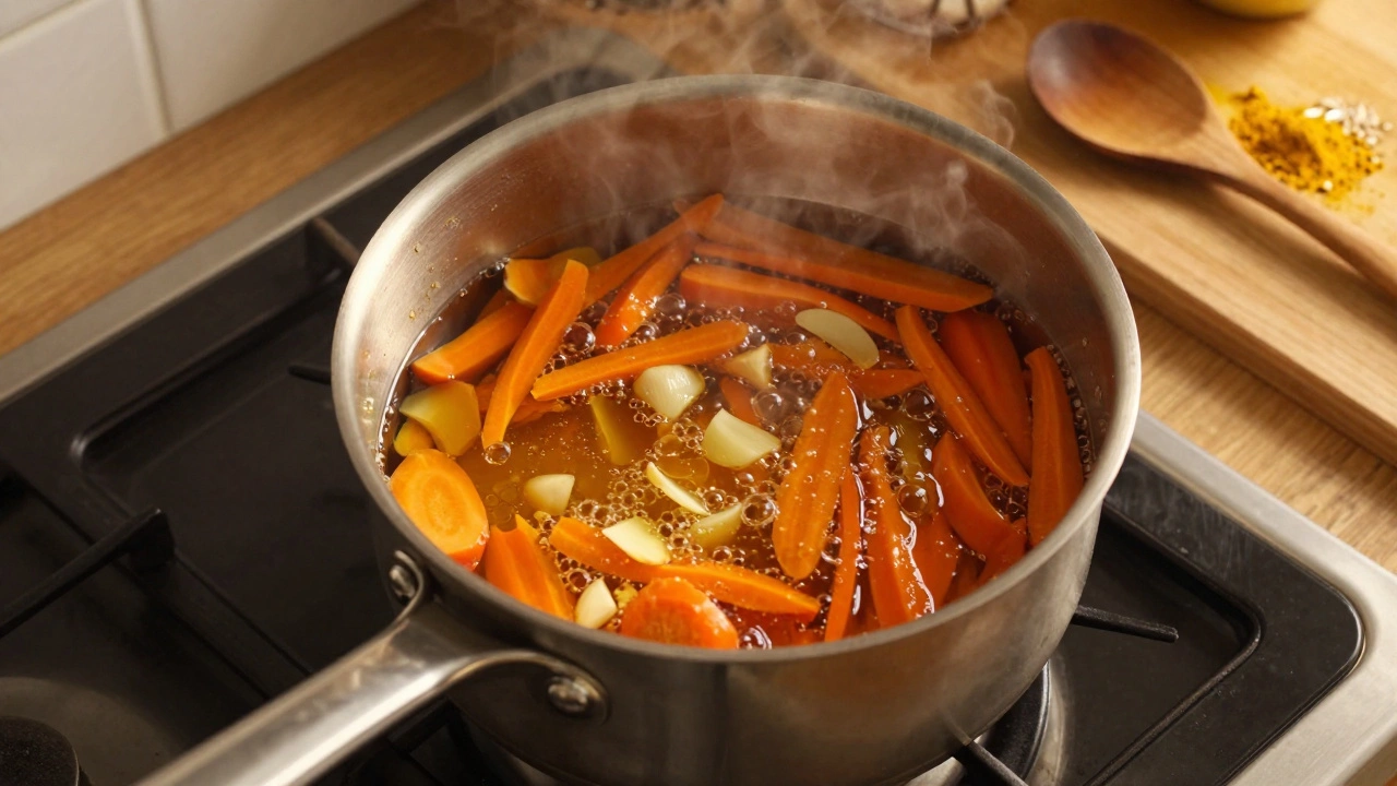 Simmering carrot and ginger chutney in a saucepan