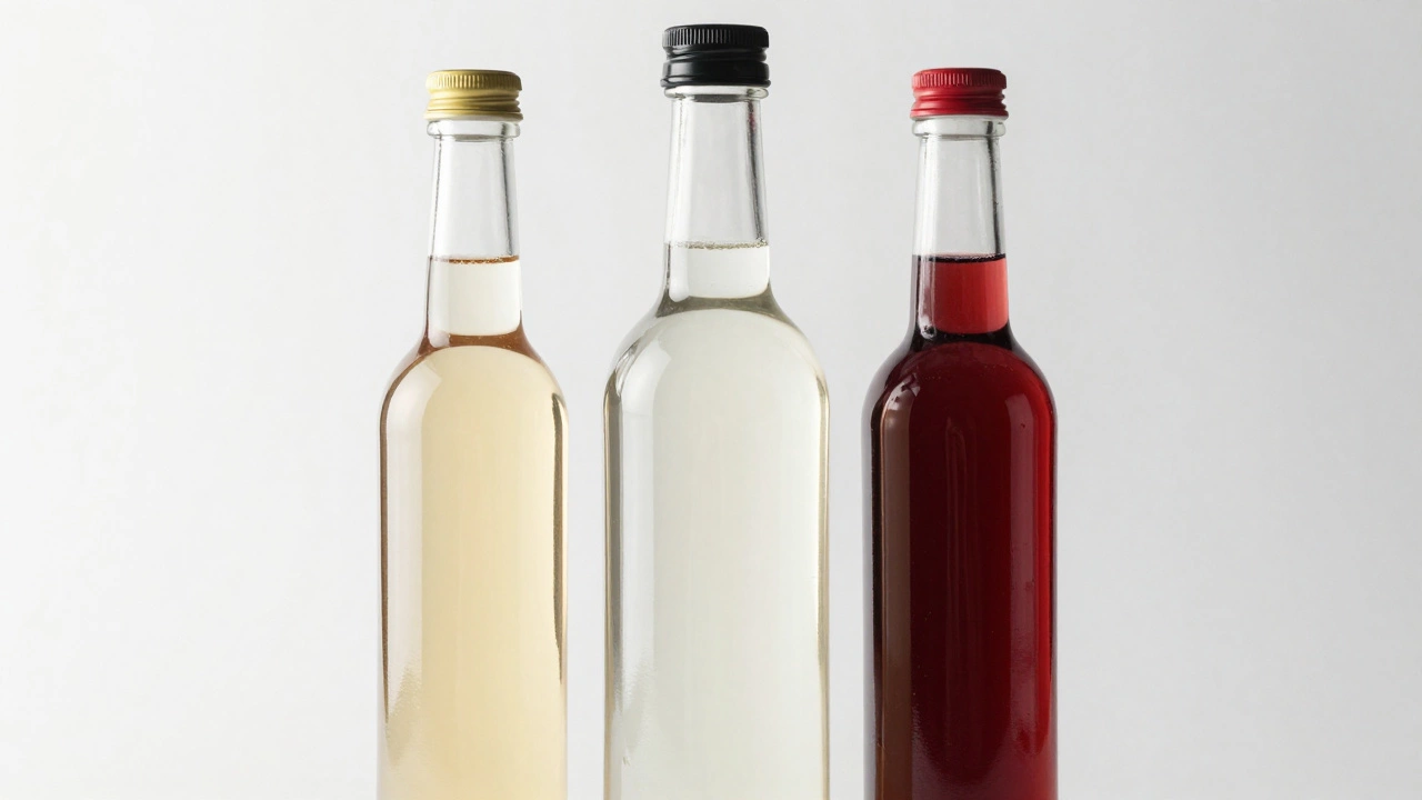Three bottles of apple cider, white distilled, and red wine vinegar side by side