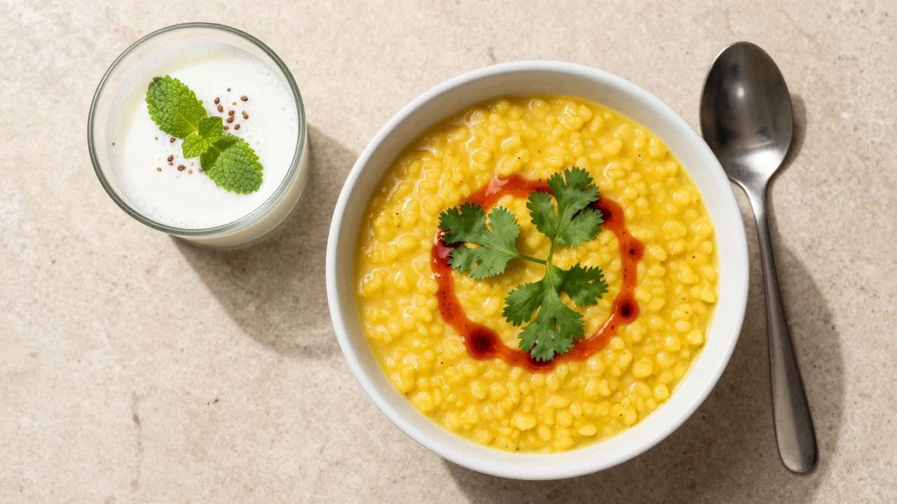 Bowl of creamy yellow dal with cilantro garnish and a side of buttermilk.