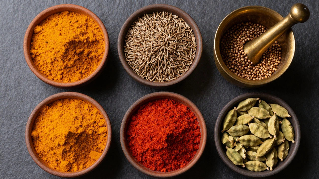 Bowl of turmeric, cumin, and chili spices on stone