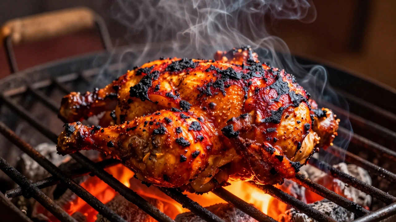 Charred tandoori chicken grilling over hot coals