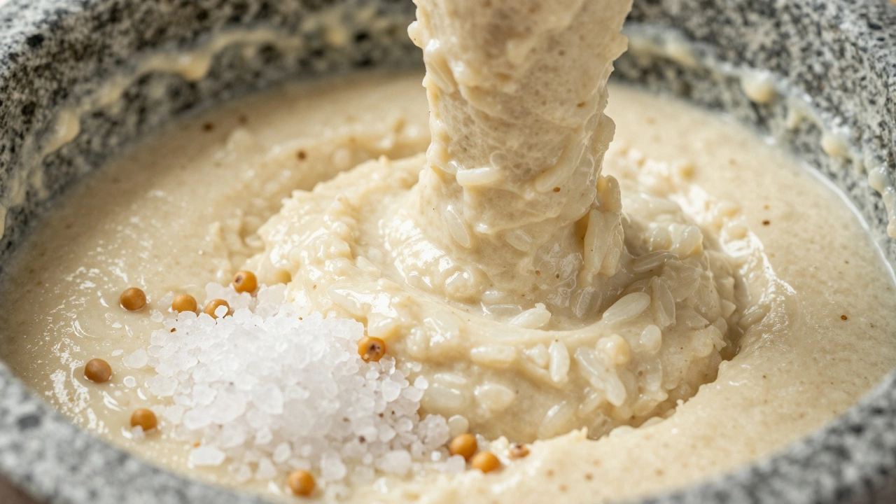 Close-up of smooth dosa batter mixture with salt grains