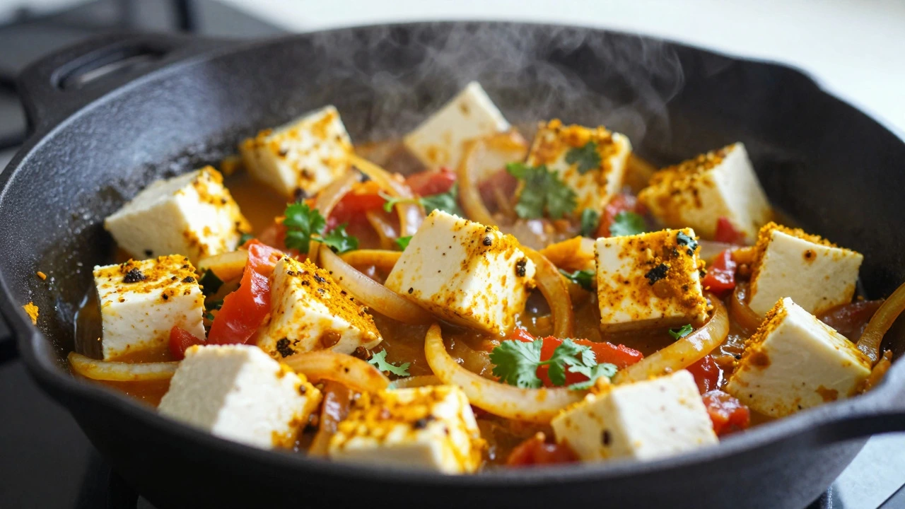 Close-up of spicy paneer bhurji cooking in a cast-iron skillet