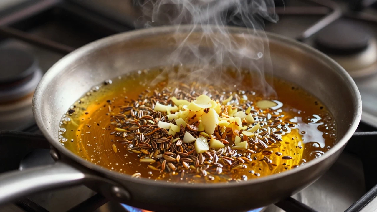 Cumin seeds, ginger, and garlic sizzling in hot oil for dal tempering.
