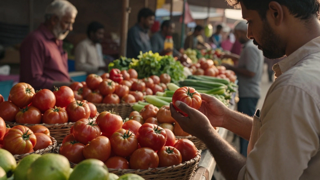 Customer inspecting fresh tomatoes at an Indian local market stall