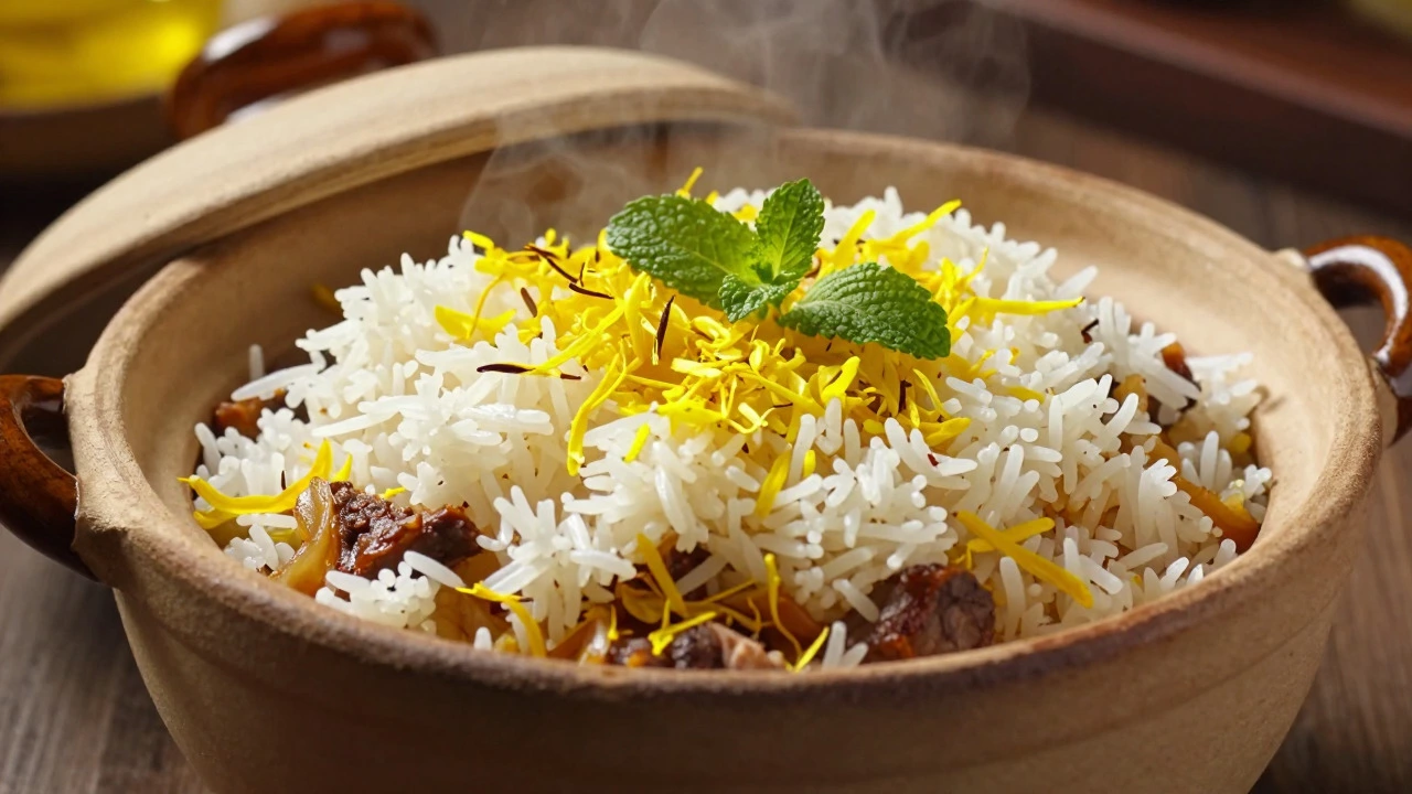 Layered biryani rice with saffron and mint