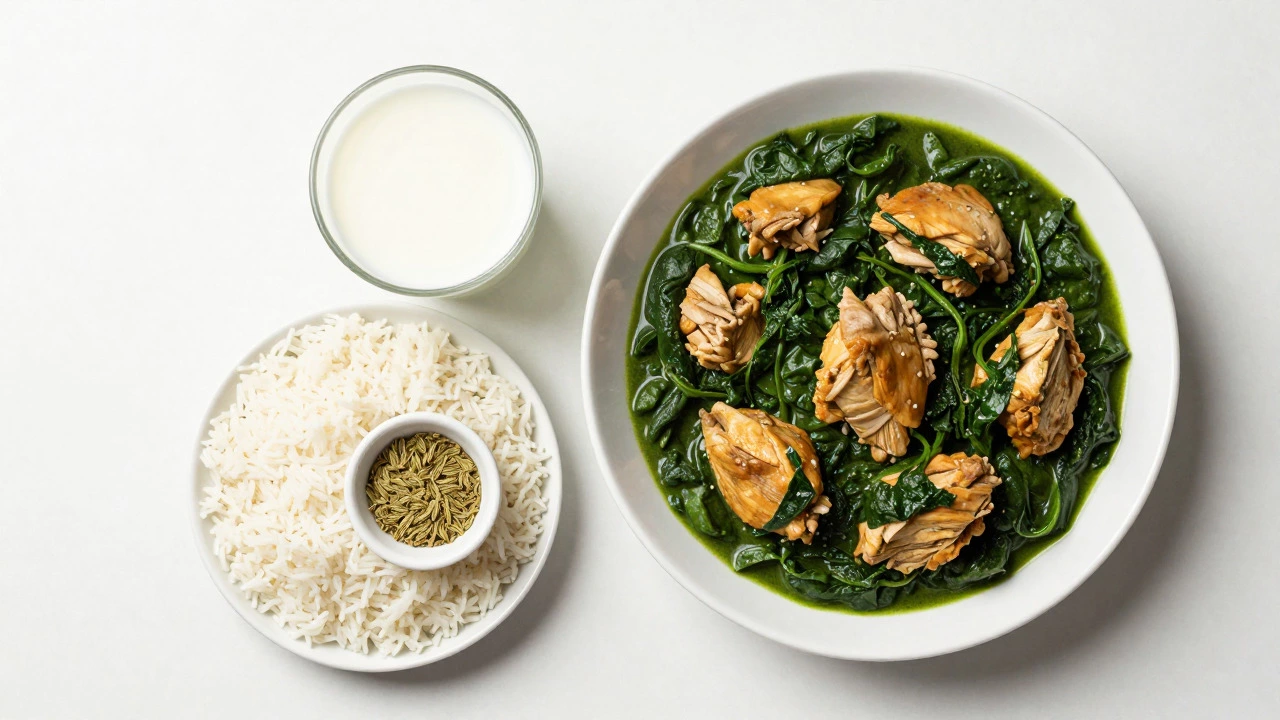 Overhead view of chicken saag, rice, and buttermilk for dinner