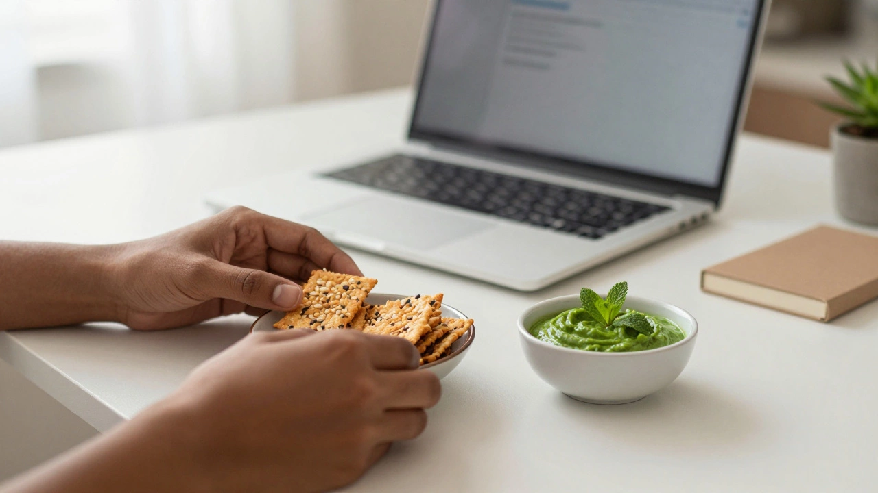 Person choosing healthy crackers and chutney over candy at desk