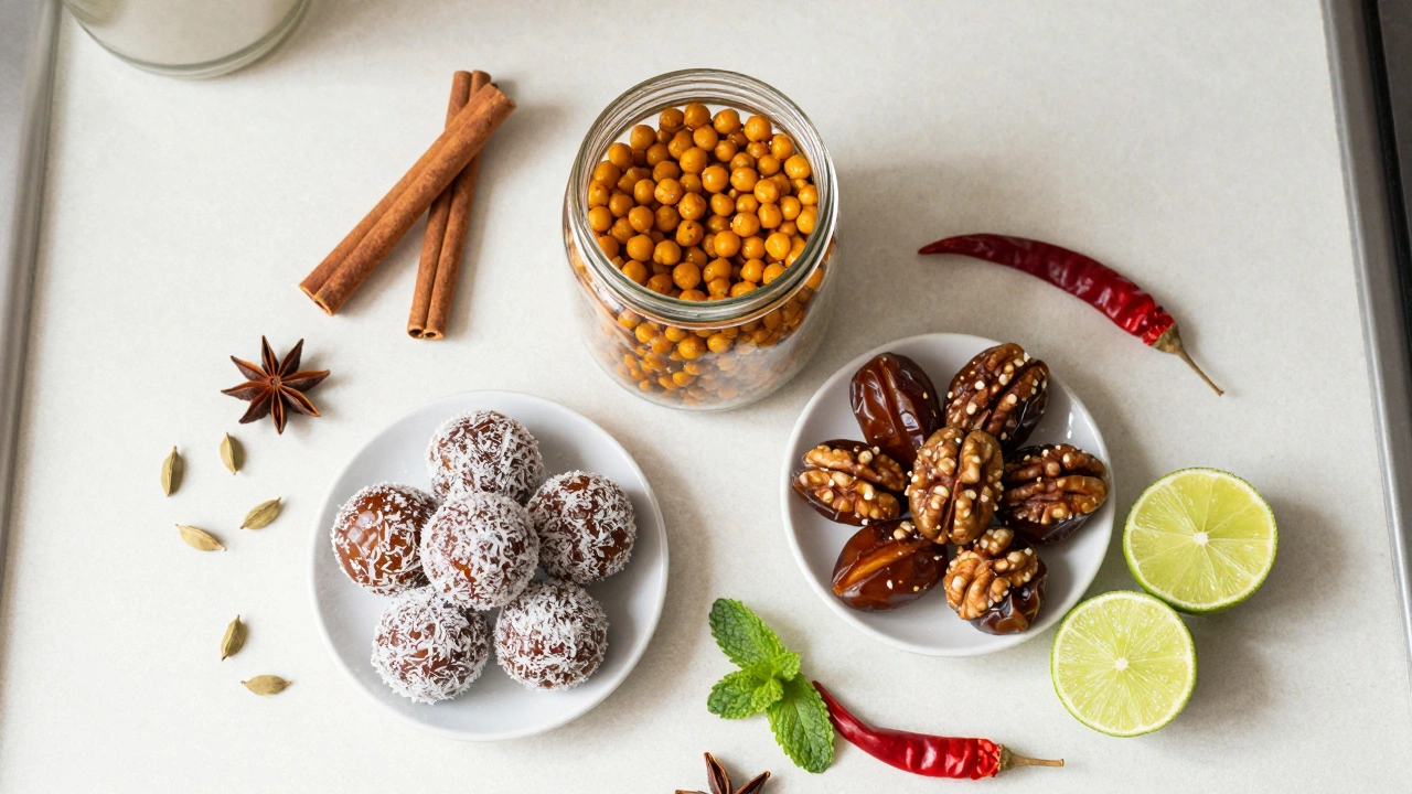 Roasted chickpeas and date balls with spices on a kitchen counter
