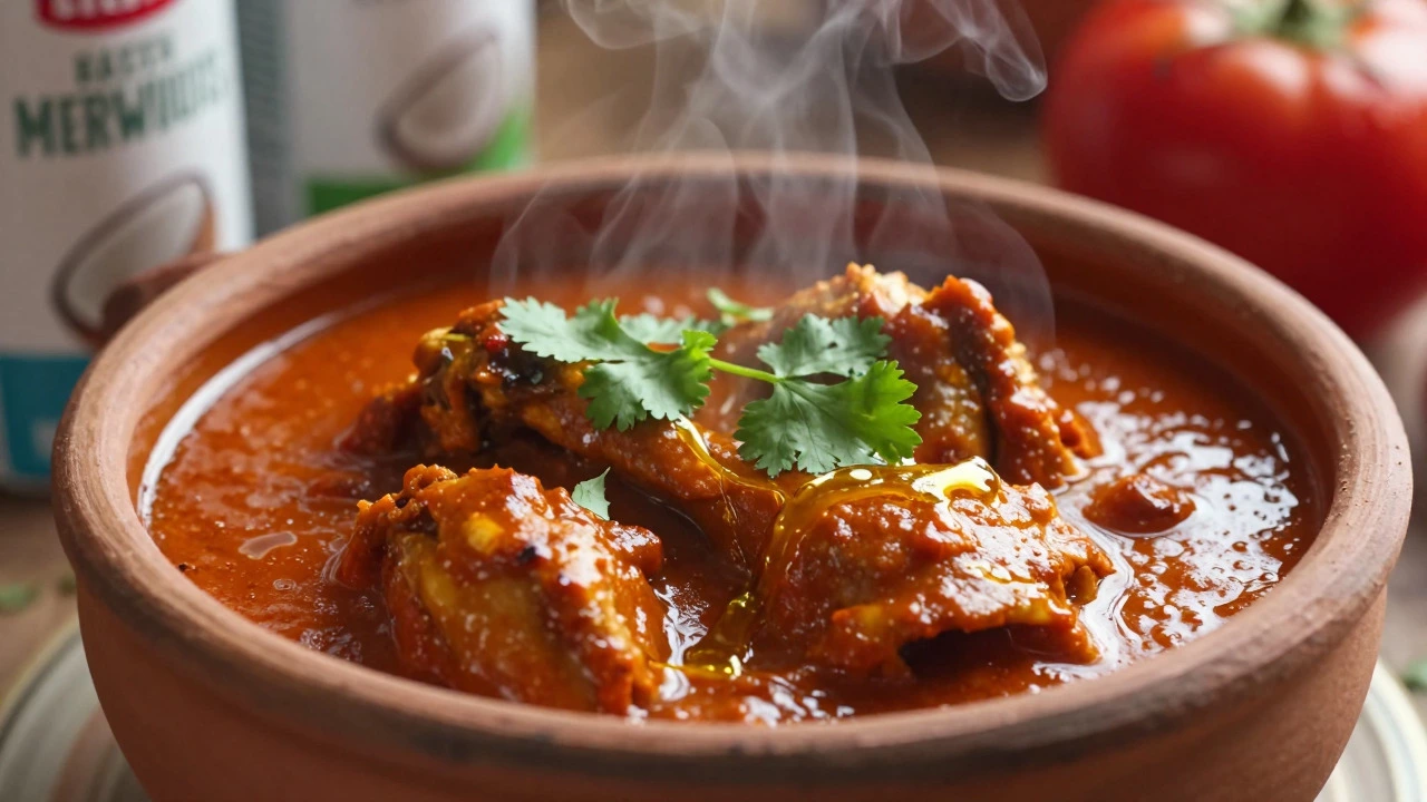 Simmering chicken curry garnished with cilantro and ghee