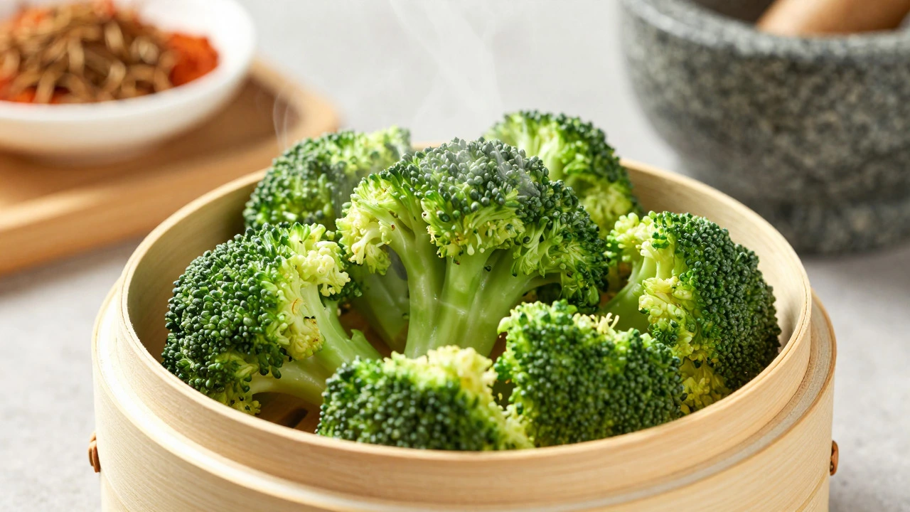 Steaming broccoli florets with Indian spices nearby