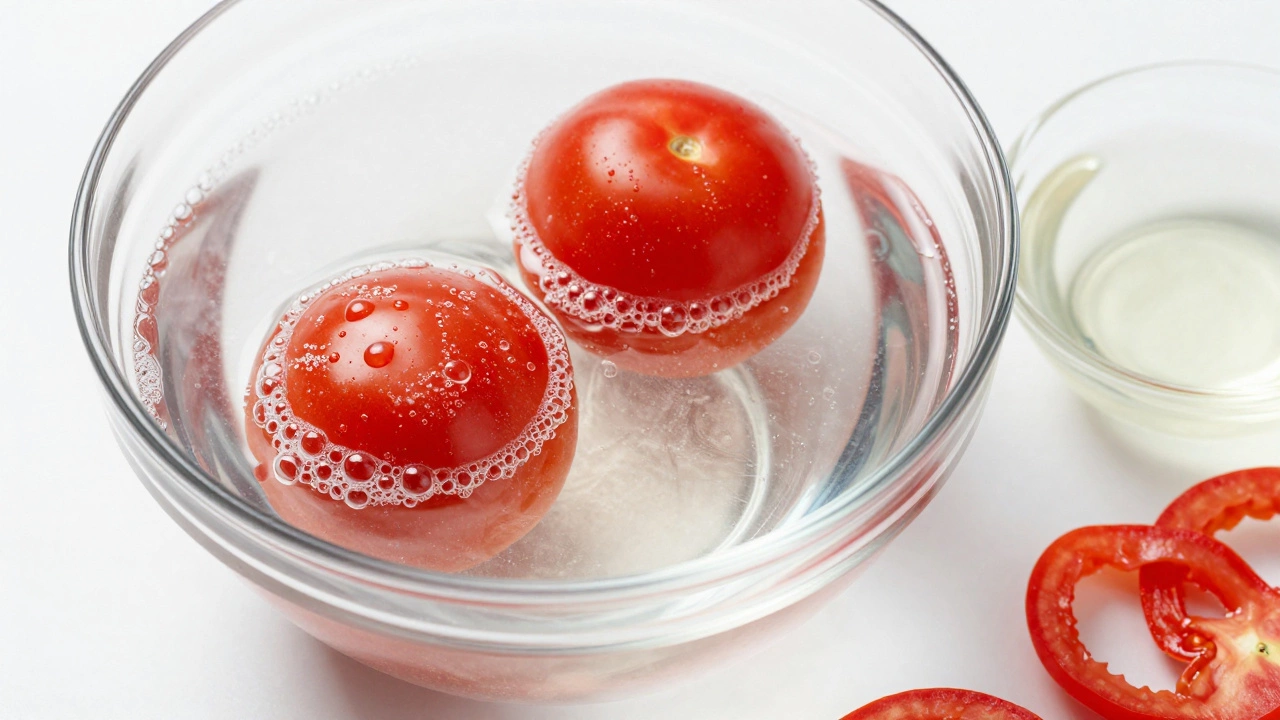 Tomatoes soaking in a baking soda solution for cleaning residue