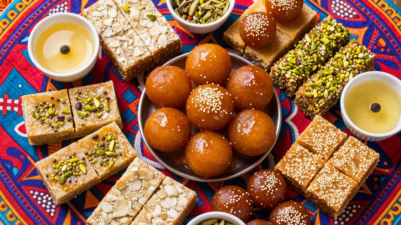 Assortment of Indian sweets like Gulab Jamun and Barfi
