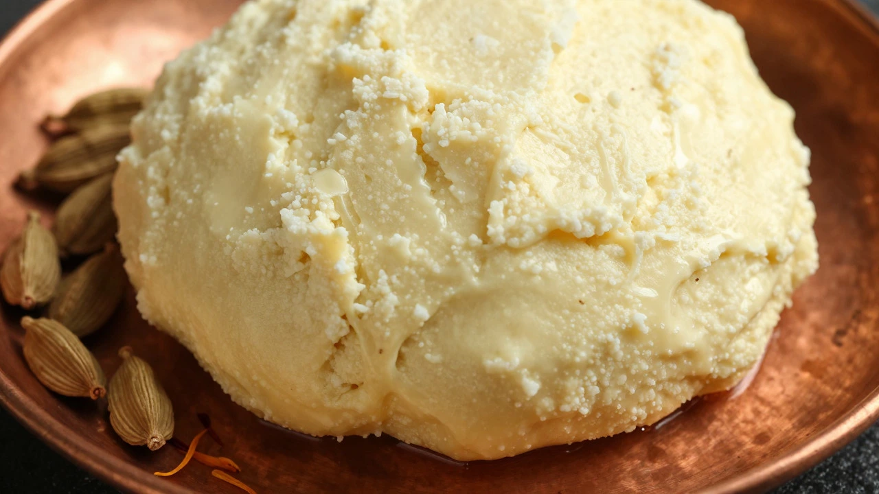 Close-up of creamy Khoya with cardamom and saffron
