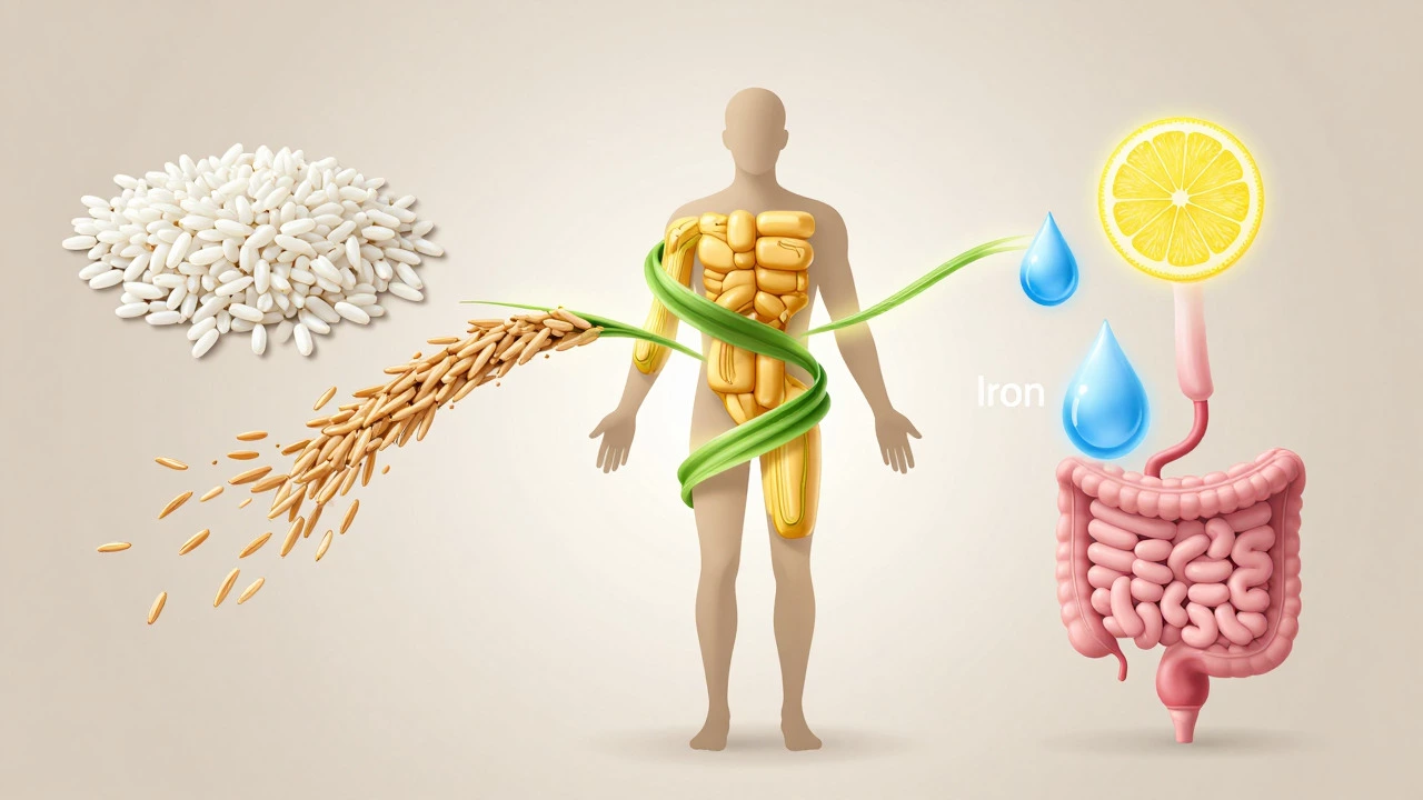 Conceptual illustration showing nutrients from rice and beans supporting human health.