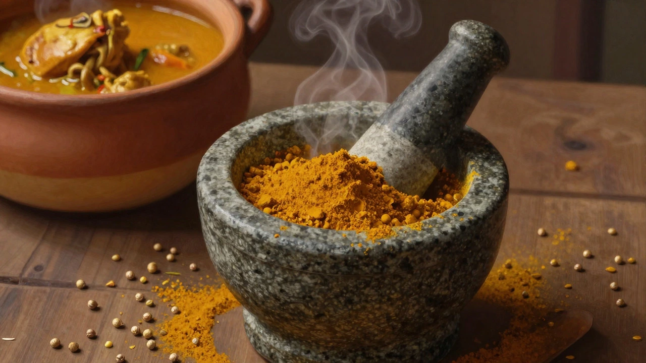 Freshly ground curry powder in a stone mortar with steam rising