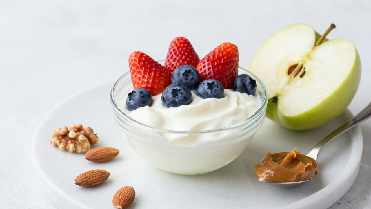 Greek yogurt with berries and sliced apple with almond butter on marble