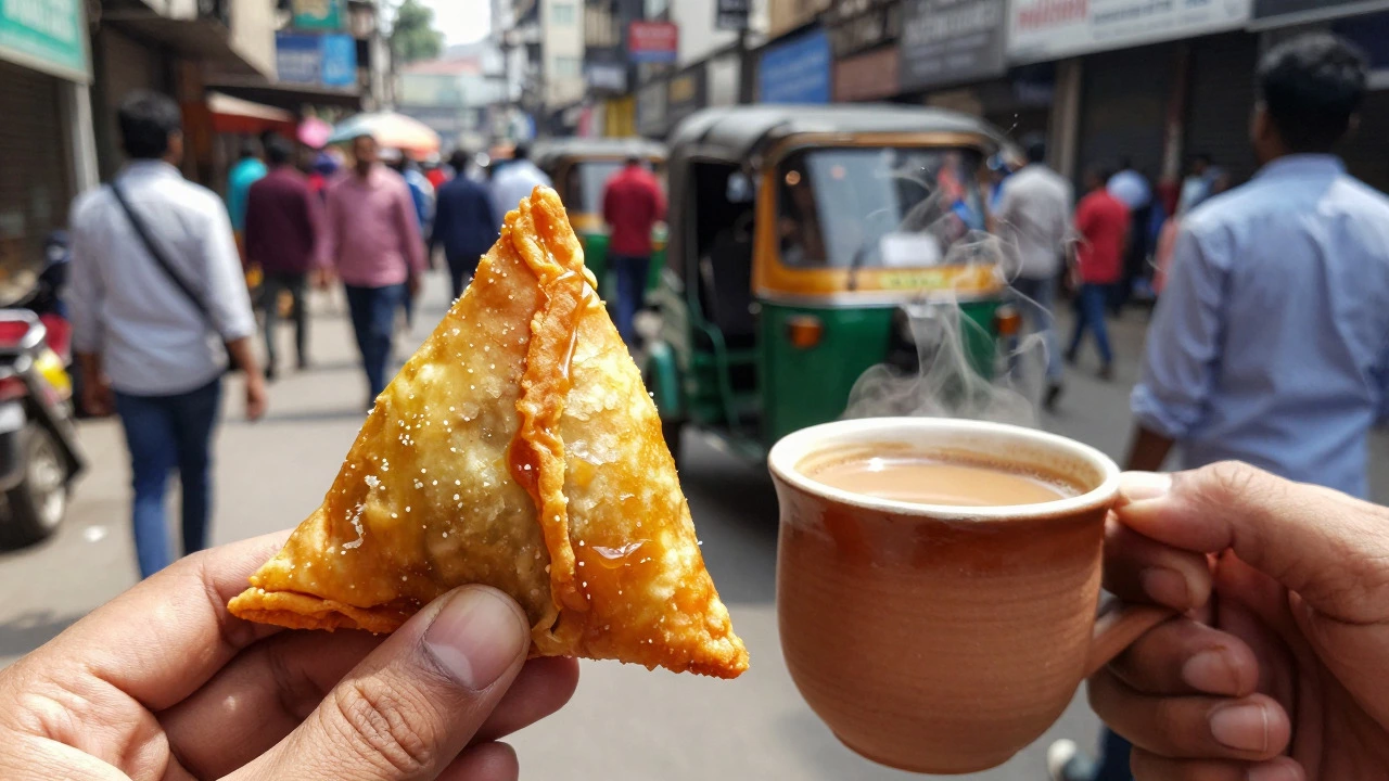 Hand holding a crispy samosa and a cup of masala chai on a busy city street