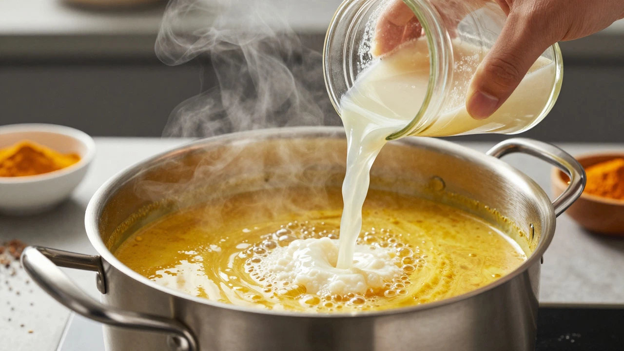 Hand pouring cornstarch slurry into a simmering pot of curry