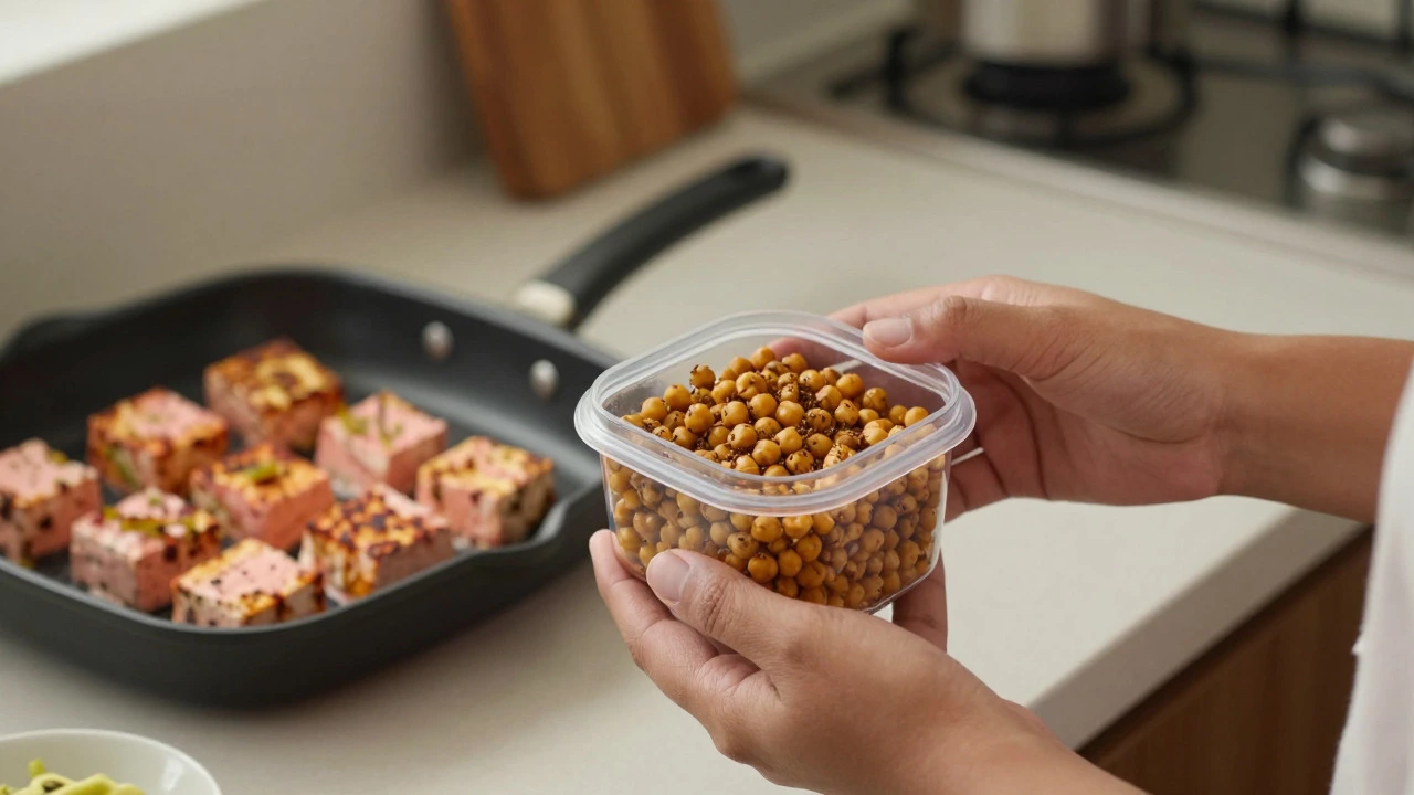 Hands holding a container of roasted chickpeas with grilled paneer in background