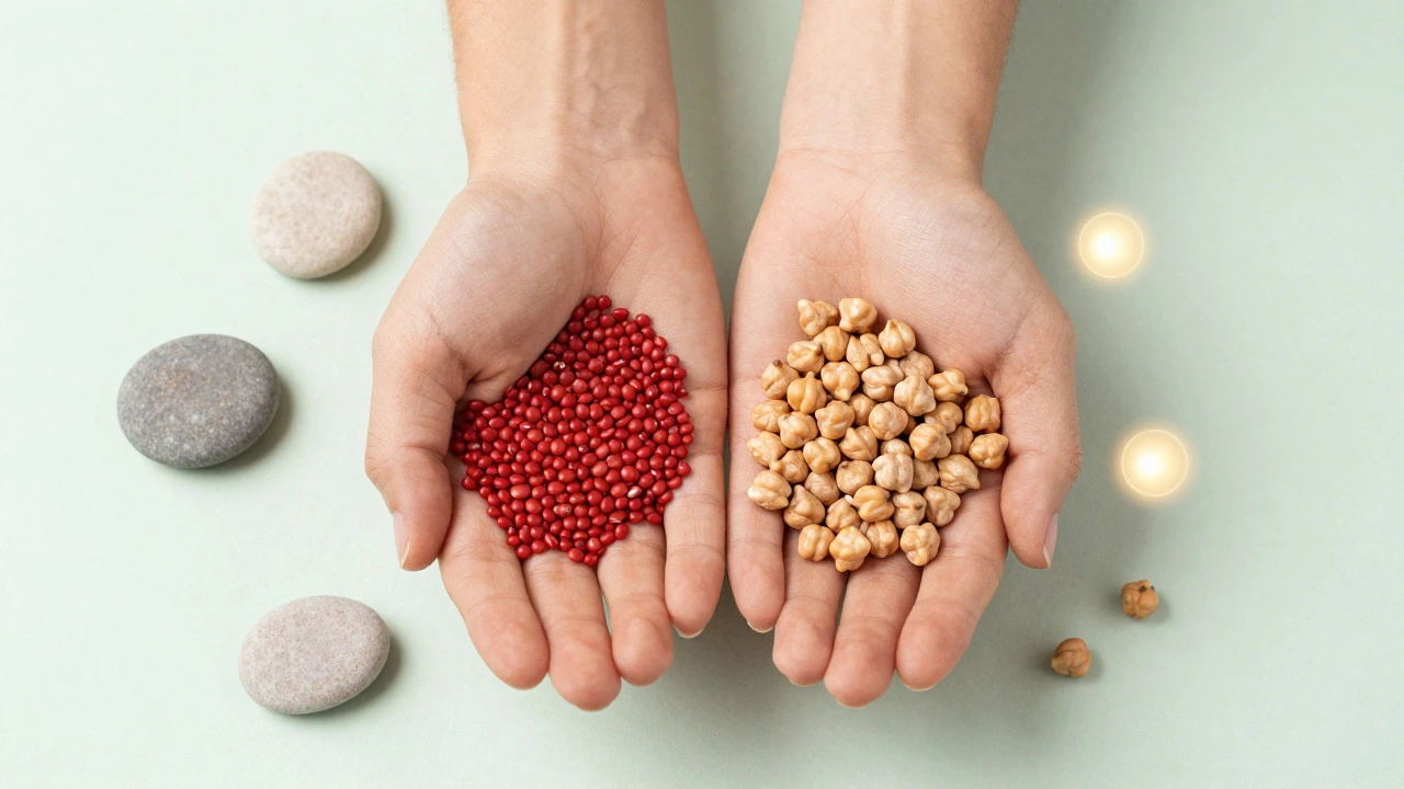 Hands holding lentils and chickpeas with health symbols