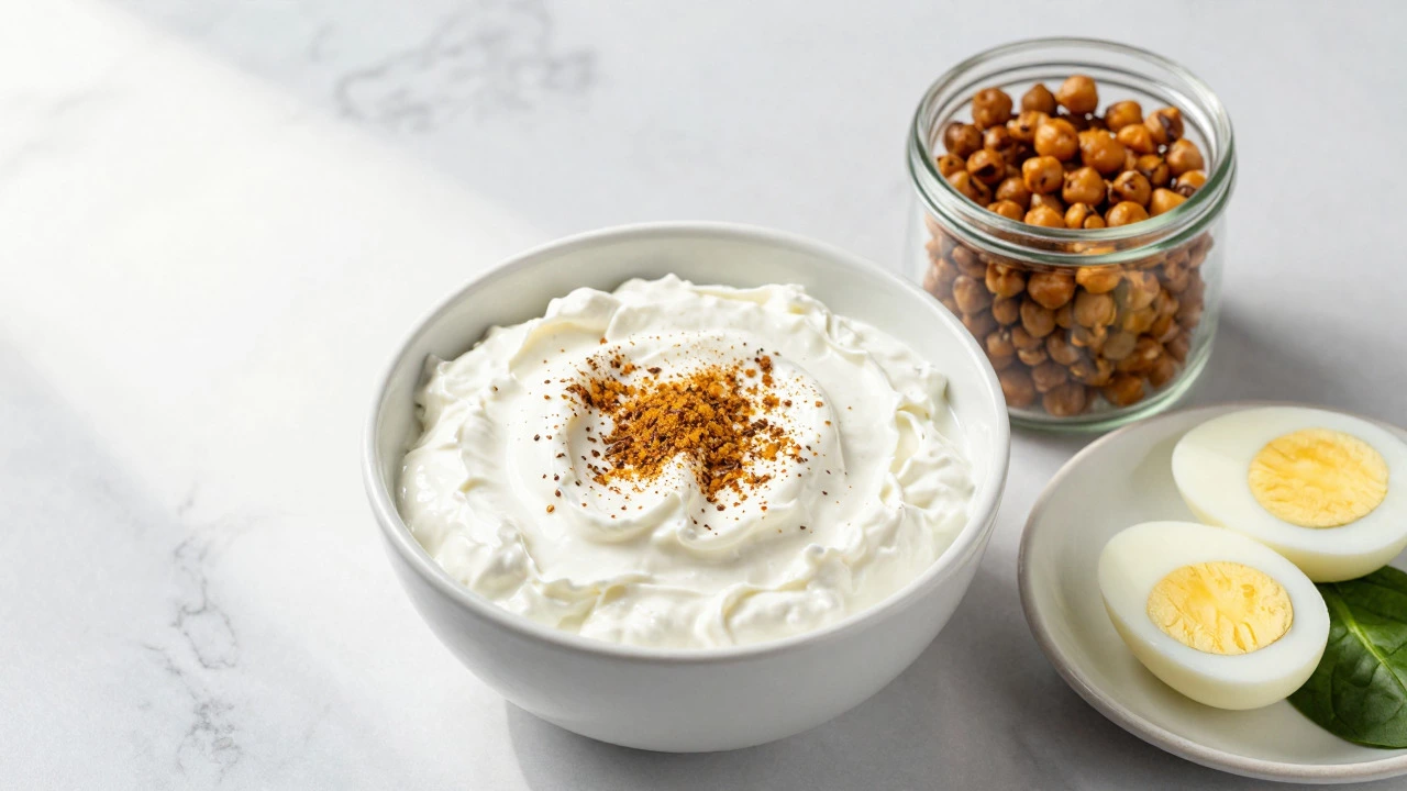 Healthy Indian snacks including curd, roasted chana, and poached eggs