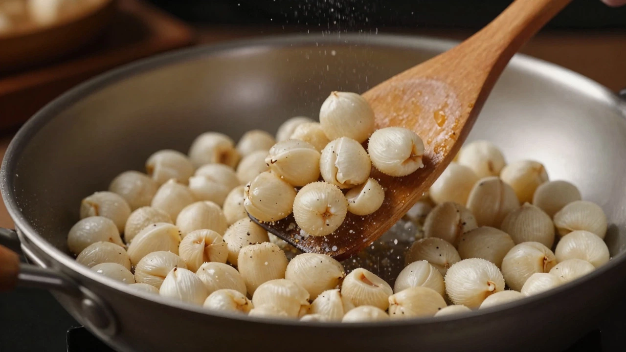 Makhana fox nuts being roasted in a dry pan with spices