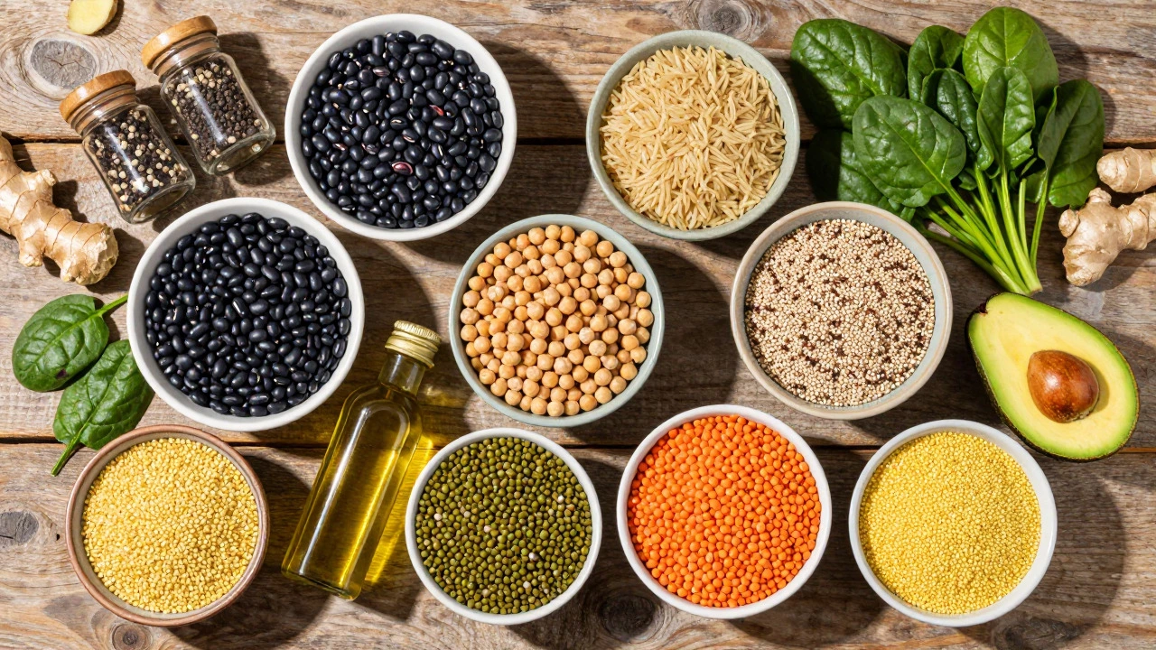 Overhead view of various beans, lentils, and whole grains arranged on a wooden table.