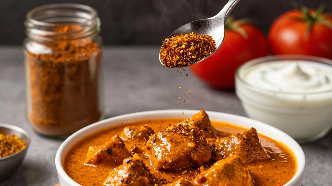 Sprinkling garam masala over a bowl of creamy butter chicken