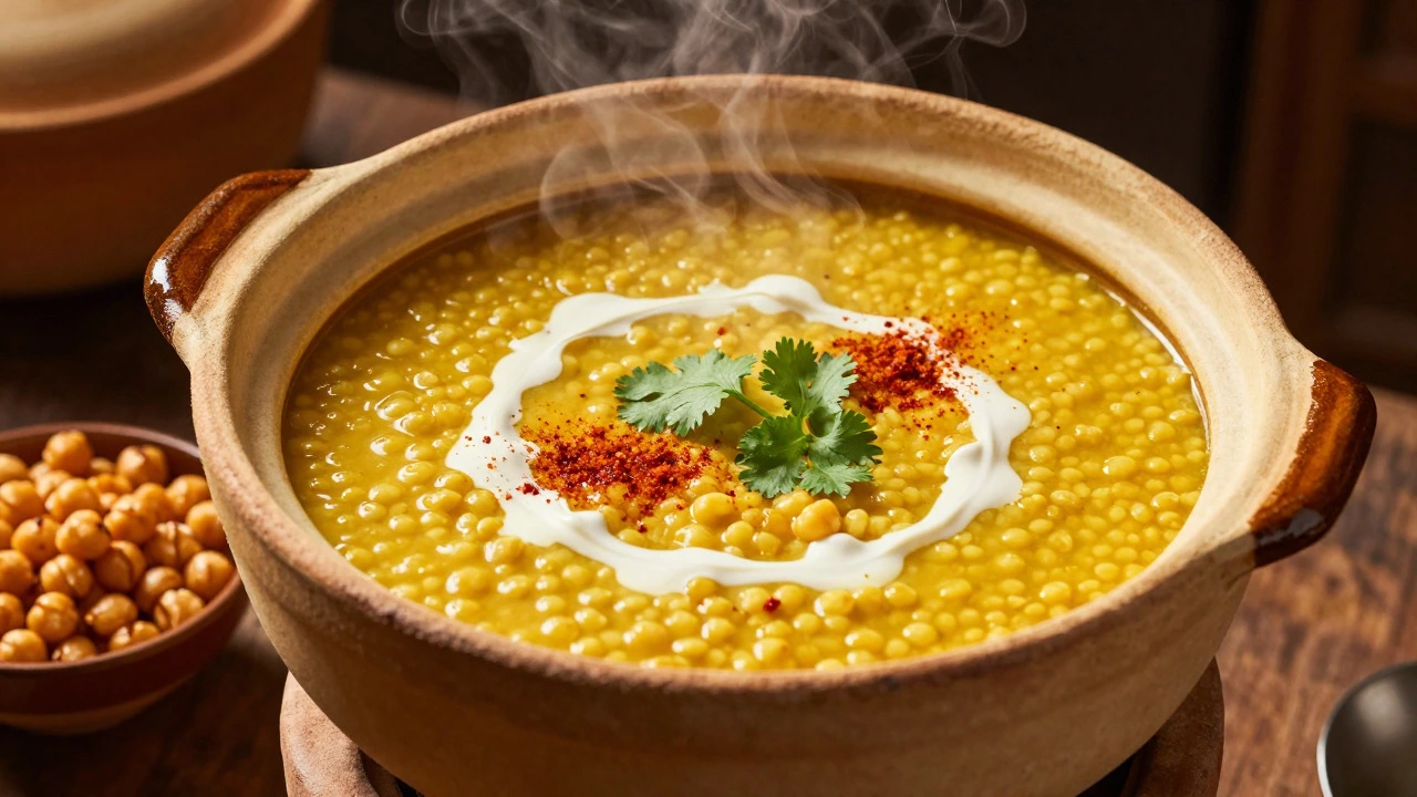 Steaming pot of yellow dal with cream garnish and roasted chickpeas