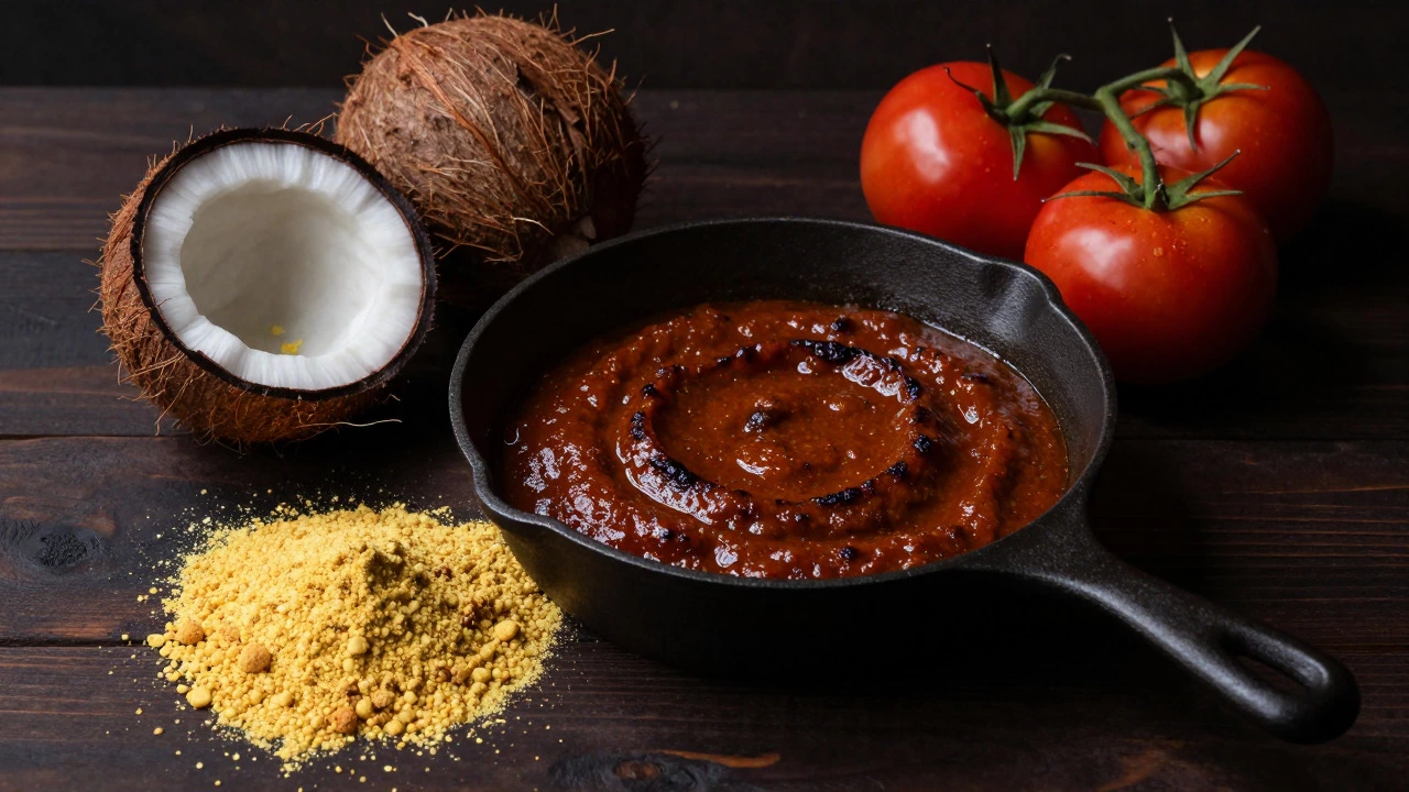 Still life of onion-tomato paste, coconut, and gram flour on a table