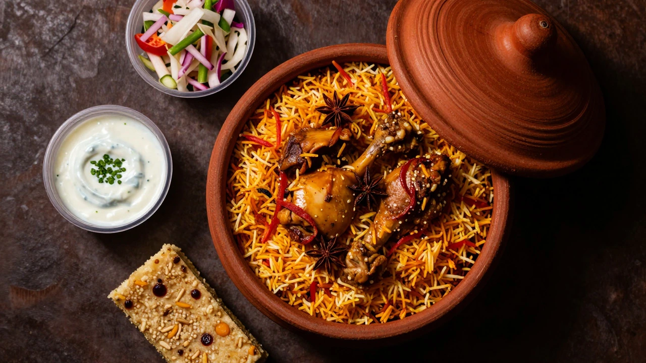 Top-down view of a biryani platter with rice, chicken, raita, and salad