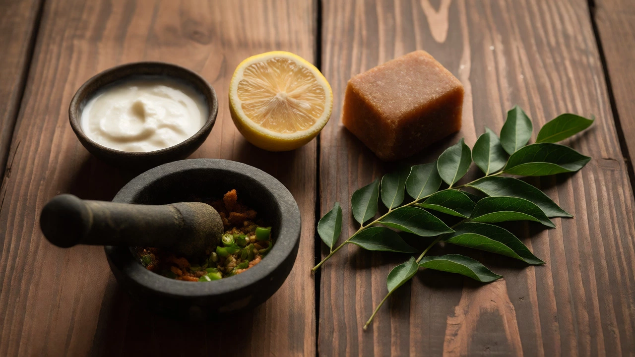 Arrangement of yogurt, lemon, jaggery, and curry leaves on a wooden table