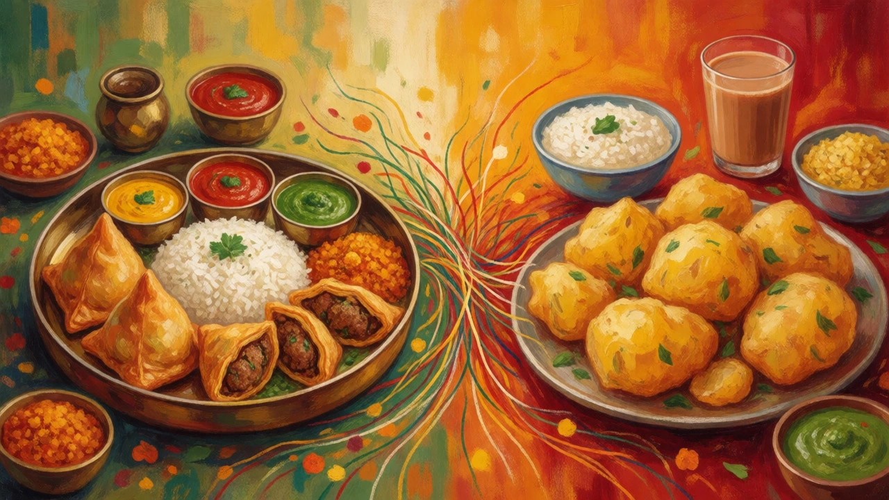 Artistic illustration comparing North and South Indian dishes