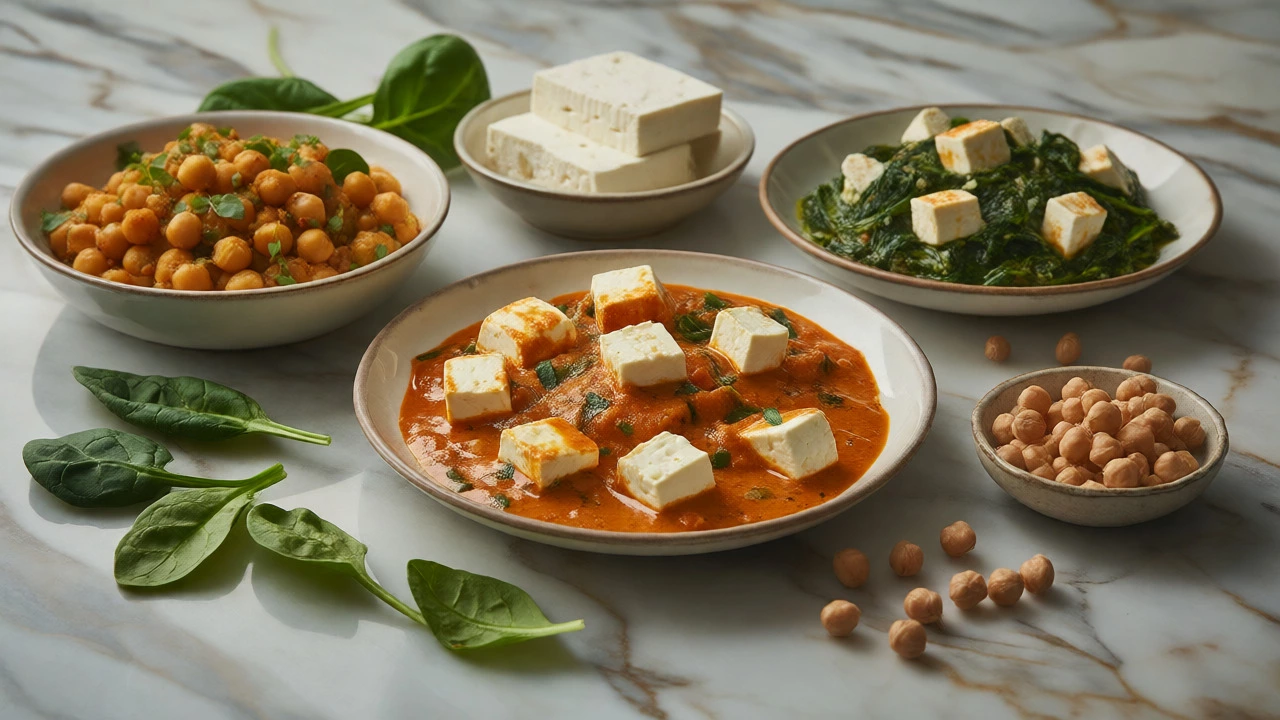 Assorted vegetarian Indian curries including Paneer and Chana Masala