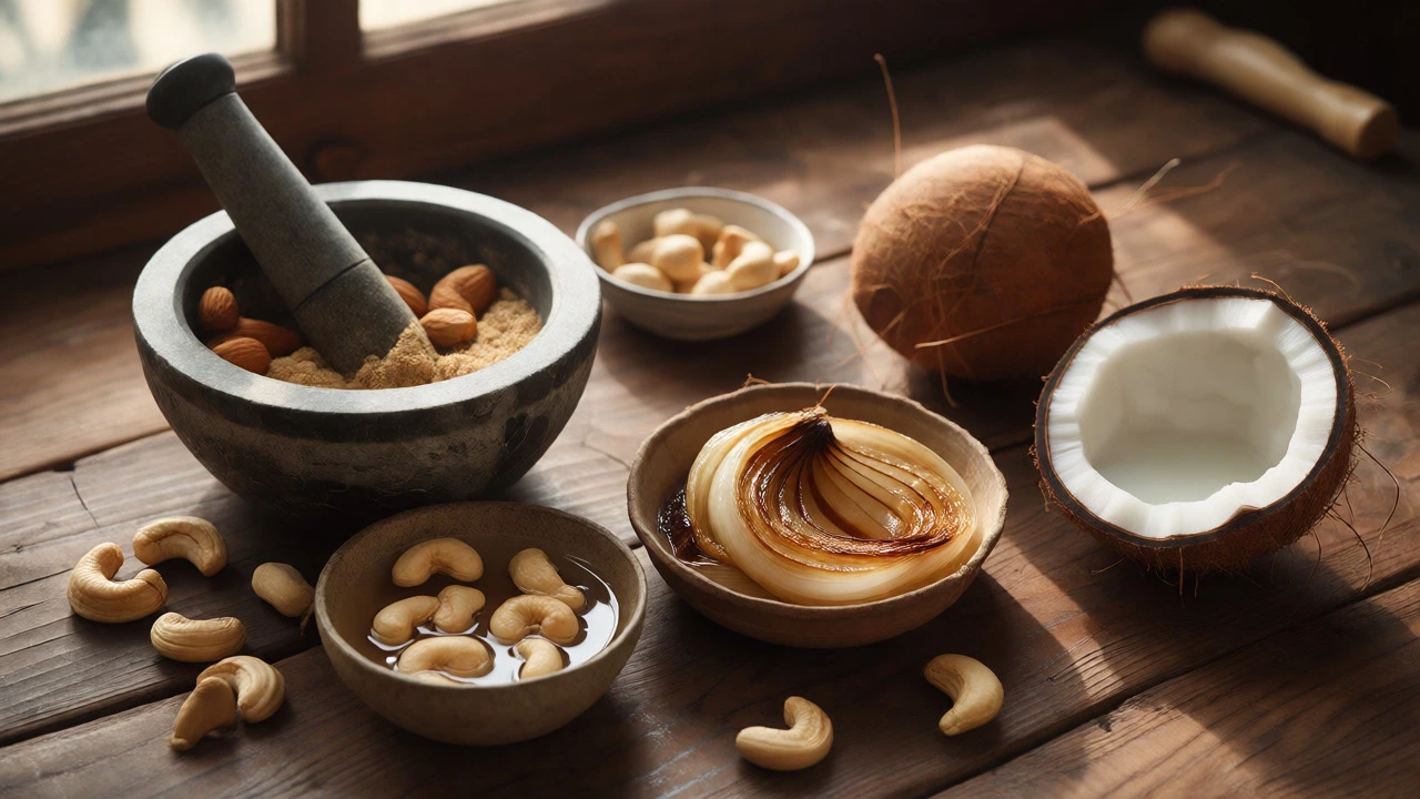 Cashews, almonds, and caramelized onions prepared for curry