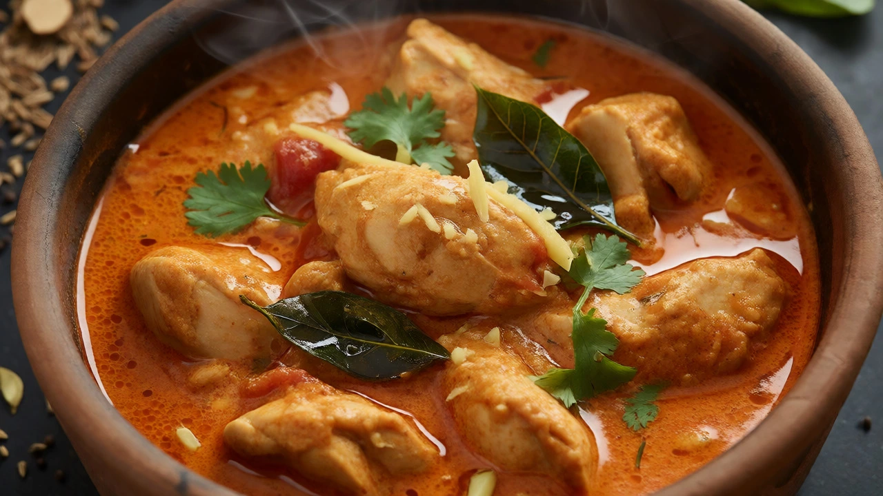 Creamy chicken curry garnished with ginger and cilantro in a clay pot