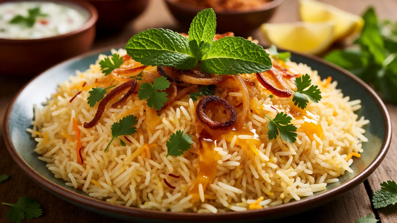 Garnished plate of saffron biryani with mint and fried onions.