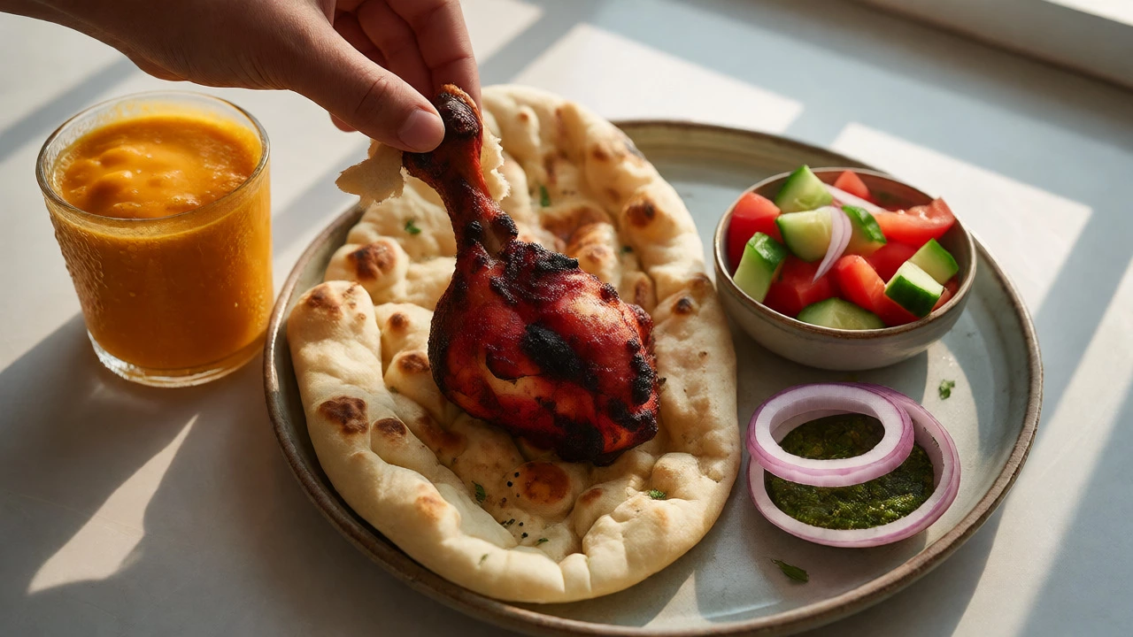 Hand wrapping tandoori chicken in naan beside mango lassi and fresh kachumber salad.
