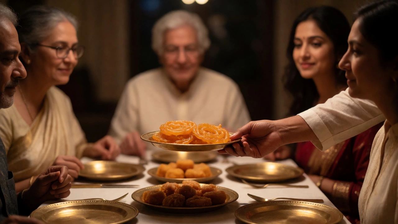 Host serving Jalebi sweets to diverse guests at dinner