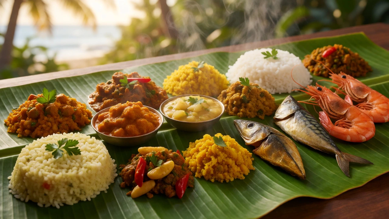 Kerala Sadya feast on banana leaf with seafood and curries