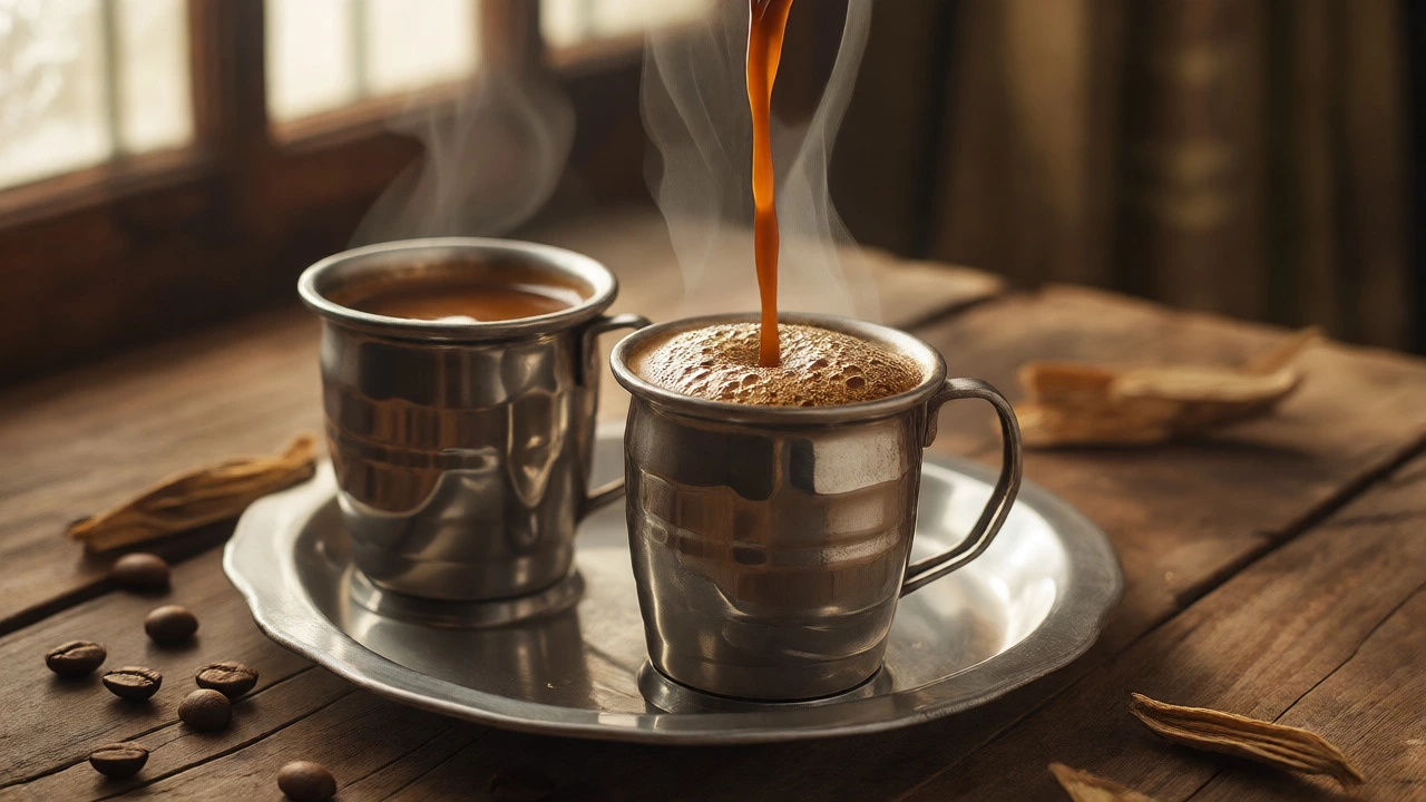 Pouring filter coffee into metal tumbler