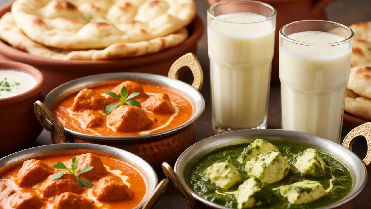 Punjabi meal with butter chicken, paneer, naan, and lassi