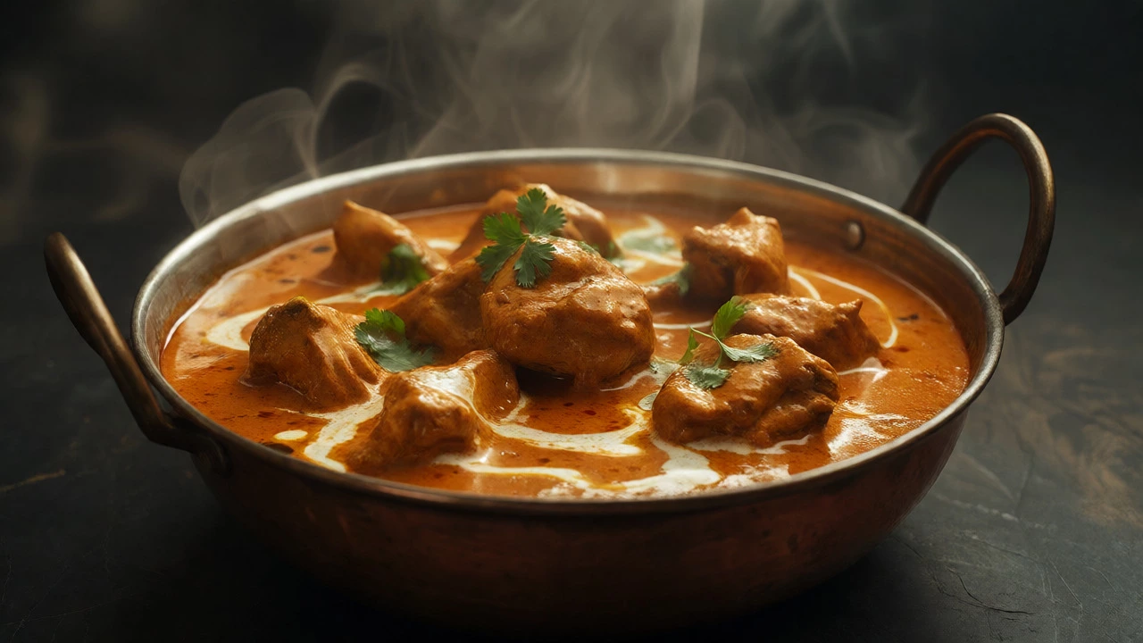 Rich chicken korma in a copper pot with cream swirl