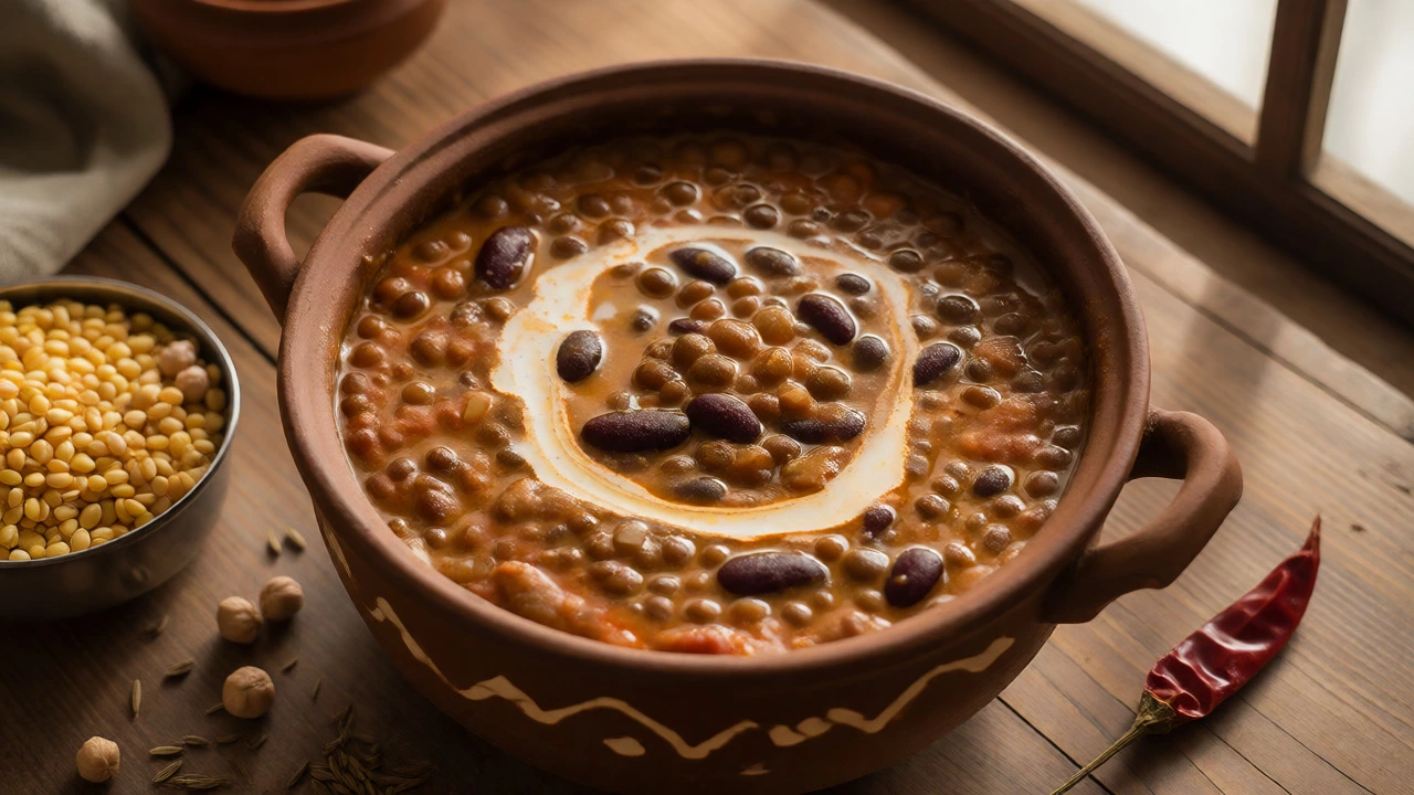 Rustic bowl of Dal Makhani with lentils and spices on a wooden table