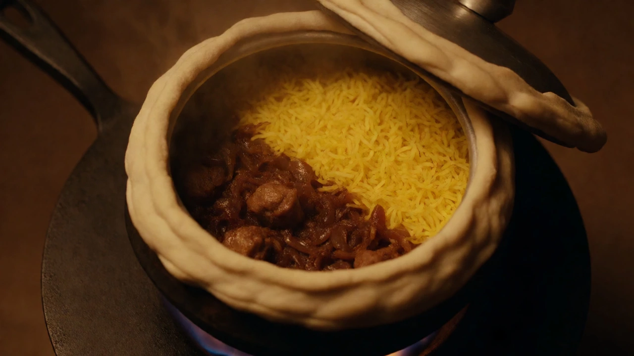 Sealed pot cooking biryani via dum method with escaping steam.