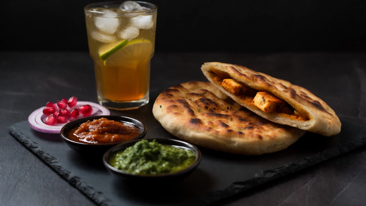 Tandoori accompaniments including stuffed kulcha, tamarind chutney, and masala soda.