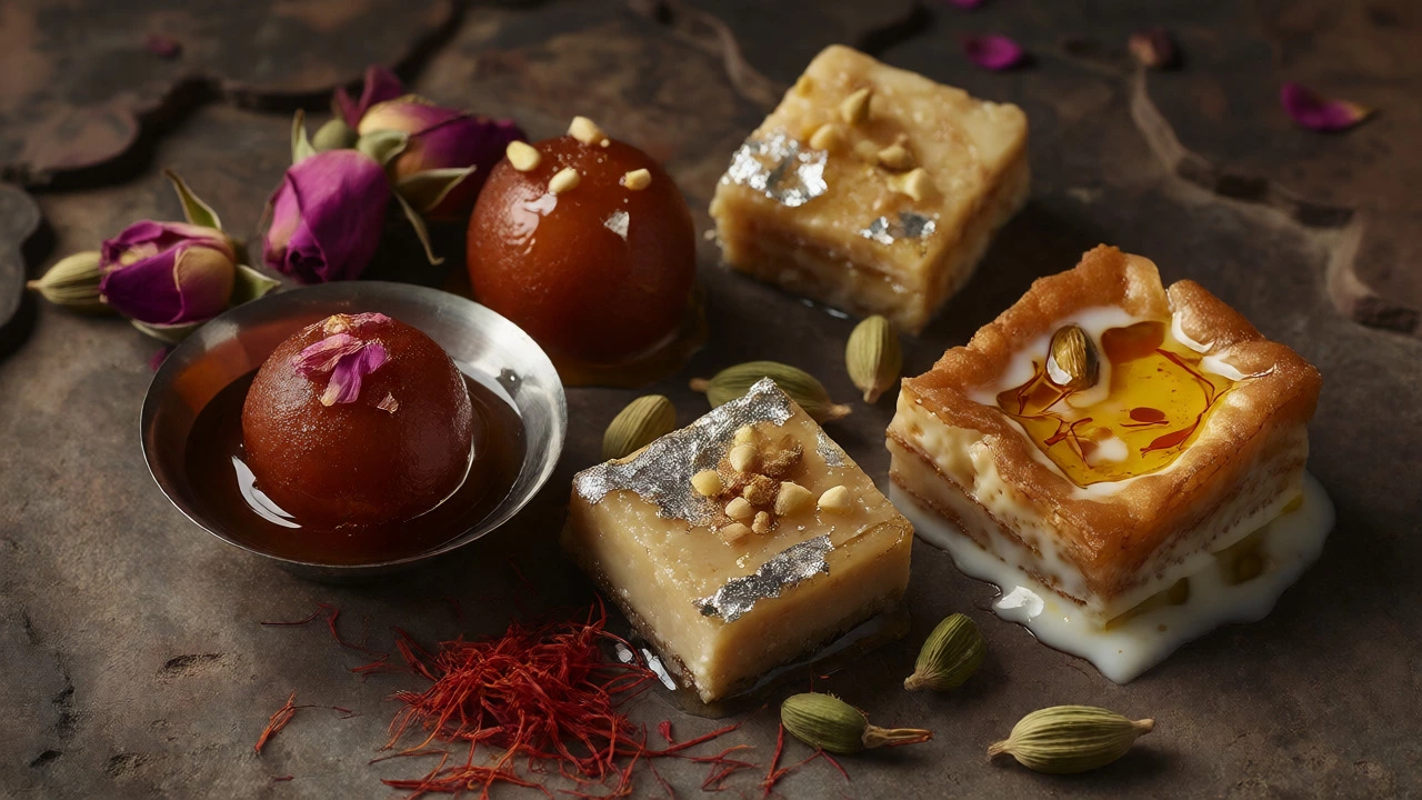 An assortment of Mughlai sweets including Gulab Jamun, Barfi, and Shahi Tukda.